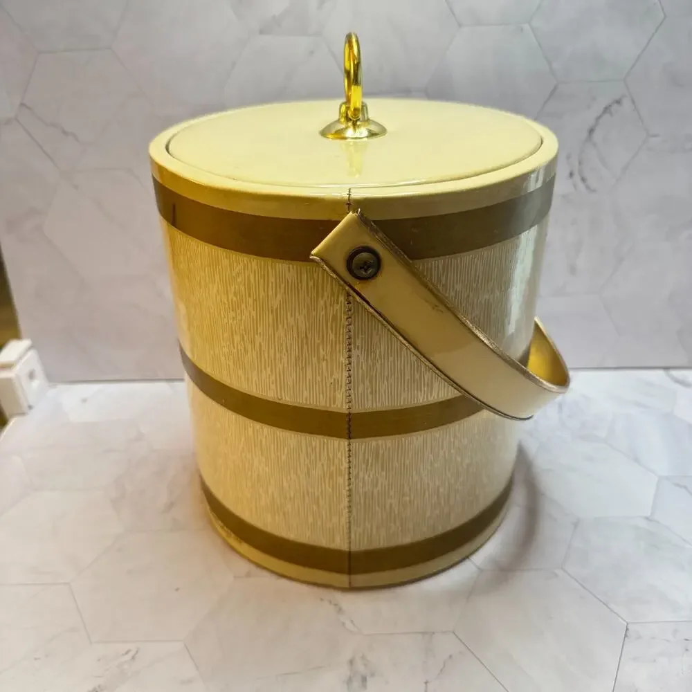 Vintage Culver Ice Bucket MCM Ecru w/Lid & Handle Barware Retro 70s 80s in EUC